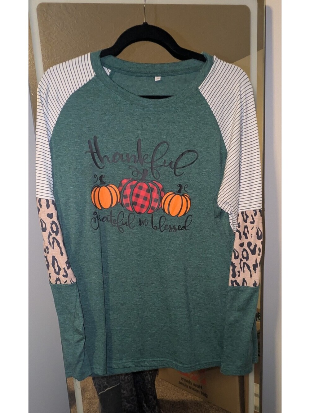 Women's Green Long Sleeve Raglan Top with Fall Pumpkin Graphic and Leopard Print
